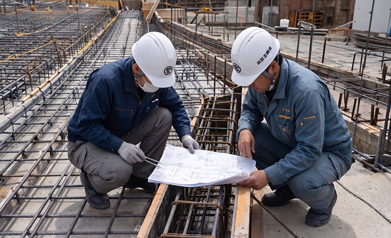 確認・共有の徹底 図面を確認しながら施工内容を共有する社員